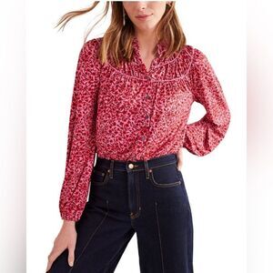 Boden ruched yoke jersey shirt red pink floral